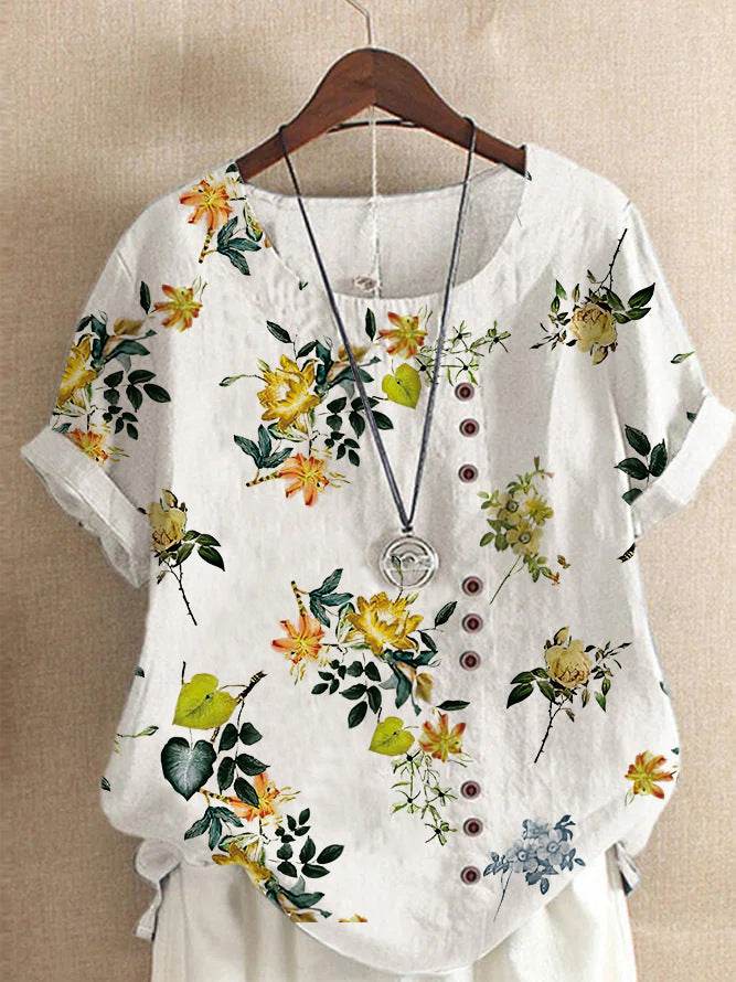 Retro Cotton And Linen Printed Loose Casual Shirt Short-sleeved T-shirt For Women - MYLUXURY LANE ENTERPRISE