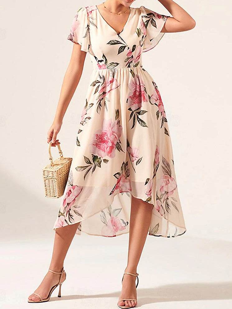 V-neck Mid-length Slim-fit Printed Dress - MYLUXURY LANE ENTERPRISE