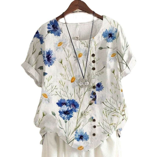 Retro Cotton And Linen Printed Loose Casual Shirt Short-sleeved T-shirt For Women - MYLUXURY LANE ENTERPRISE