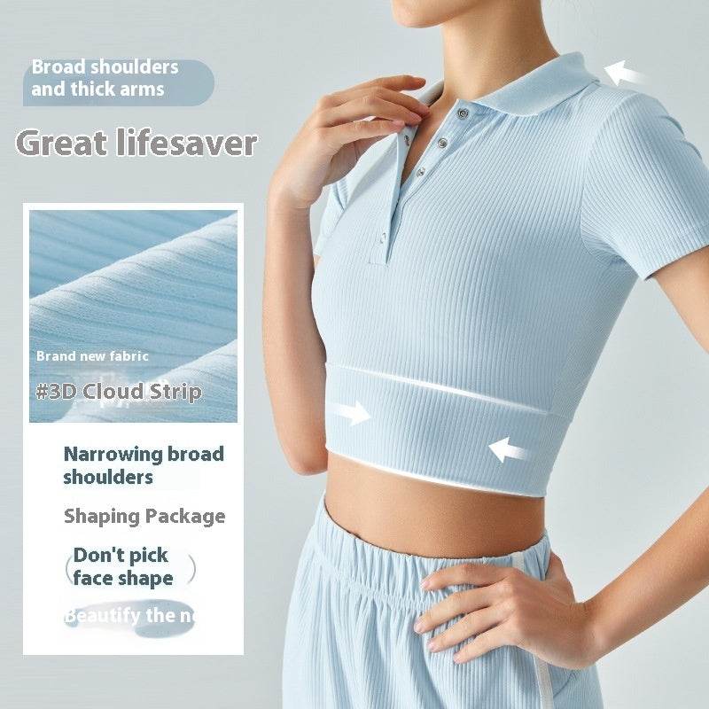 Shoulder Polo Collar Yoga Short-sleeved T-shirt - MYLUXURY LANE ENTERPRISE