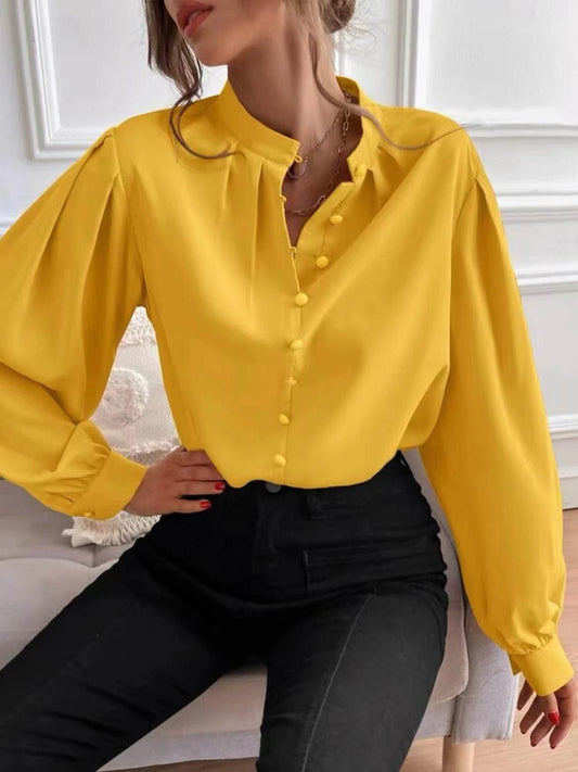 Commute Style Solid Color Round Neck Long Sleeve Single-breasted Women's Shirt - MYLUXURY LANE ENTERPRISE