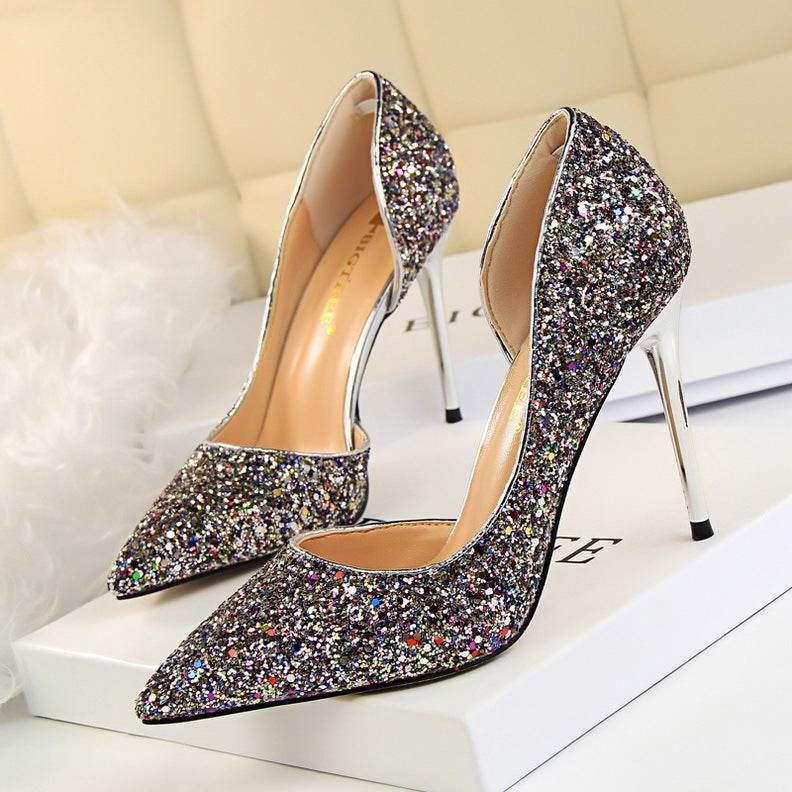 Skinny Women's Shoes Stiletto Heel Shallow Mouth Pointed Side Hollow-out Sequin - MYLUXURY LANE ENTERPRISE