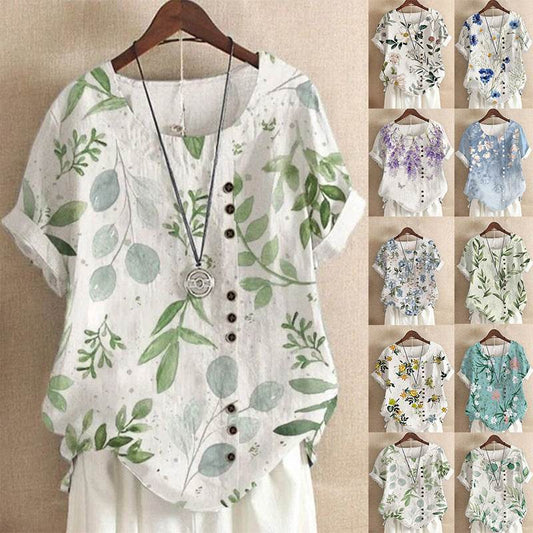 Retro Cotton And Linen Printed Loose Casual Shirt Short-sleeved T-shirt For Women - MYLUXURY LANE ENTERPRISE