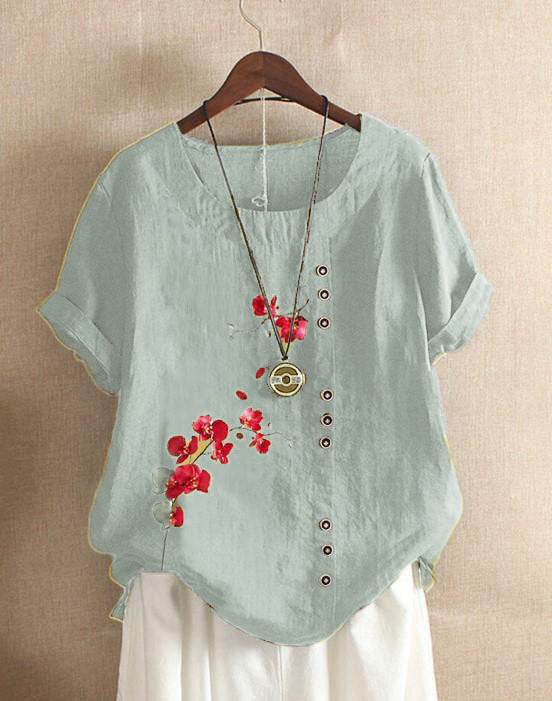 Retro Cotton And Linen Printed Loose Casual Shirt Short-sleeved T-shirt For Women - MYLUXURY LANE ENTERPRISE