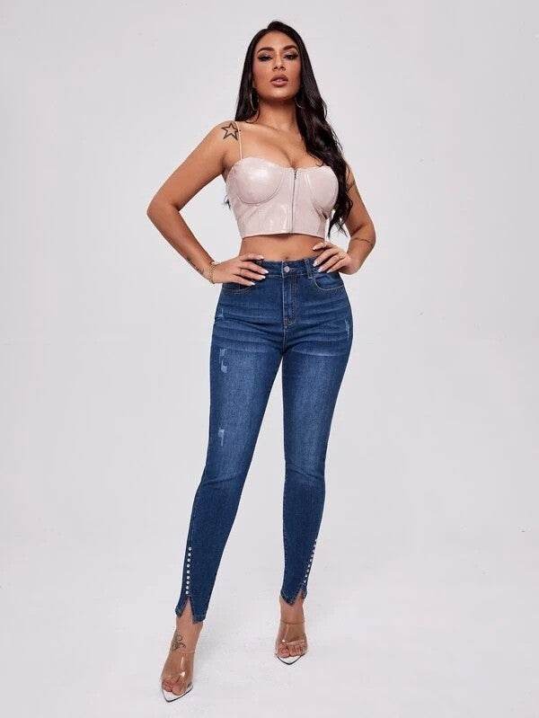Slim Fit Patchwork High Waist Stretch Jeans - MYLUXURY LANE ENTERPRISE