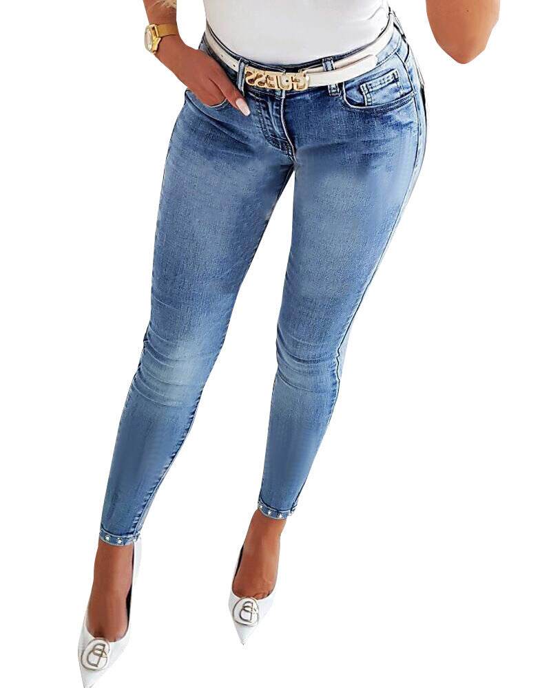 Women's Jeans European And American Trendy High Waist Beaded Skinny Tappered Pants - MYLUXURY LANE ENTERPRISE