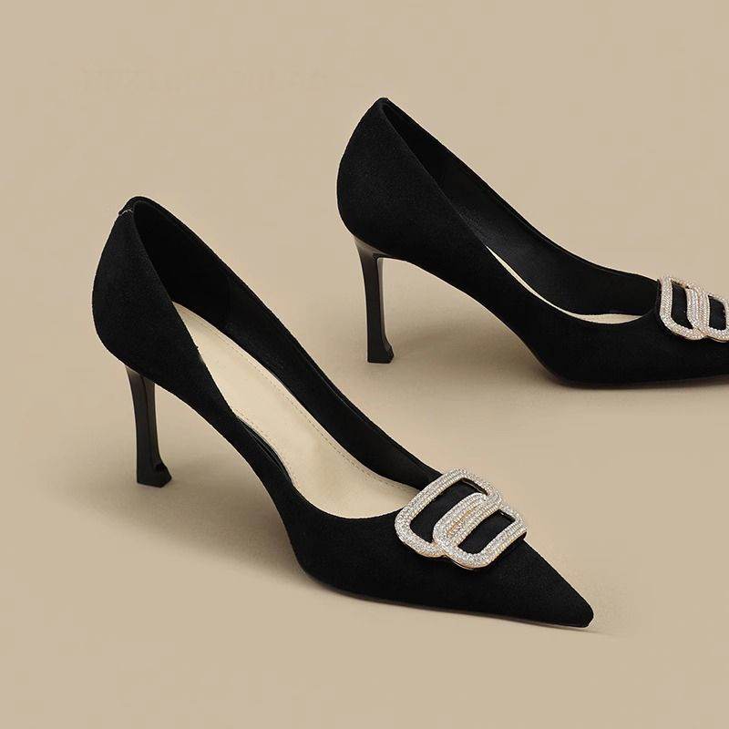 Soft Leather High Heels Female Career Stilettos Sense Rhinestone Shoes - MYLUXURY LANE ENTERPRISE