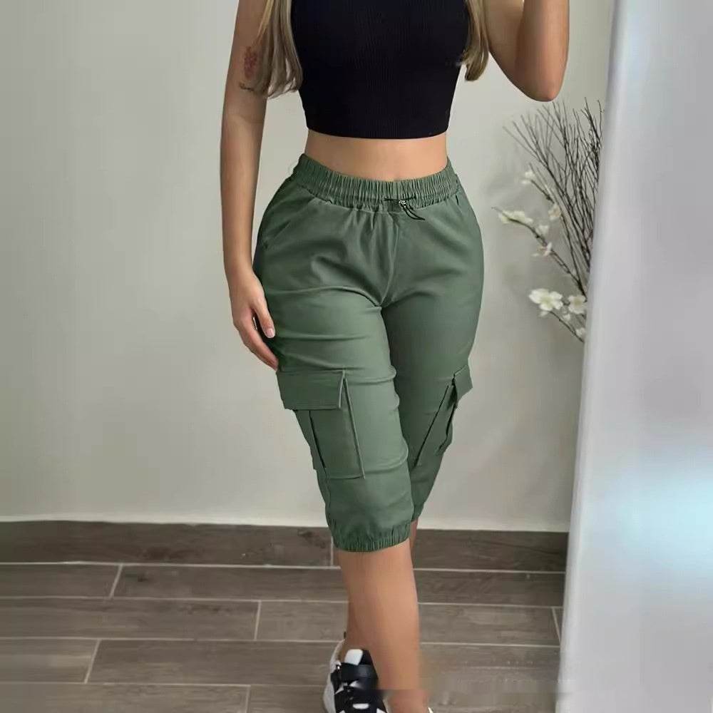 Khaki Casual Patch Pocket Elastic Cropped Pants - MYLUXURY LANE ENTERPRISE