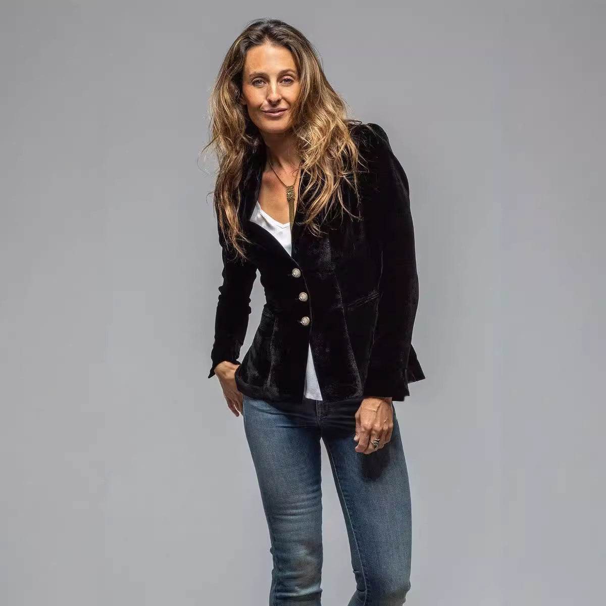 Velvet Small Suit Women's Jacket European And American Retro Pocket Long Sleeve - MYLUXURY LANE ENTERPRISE