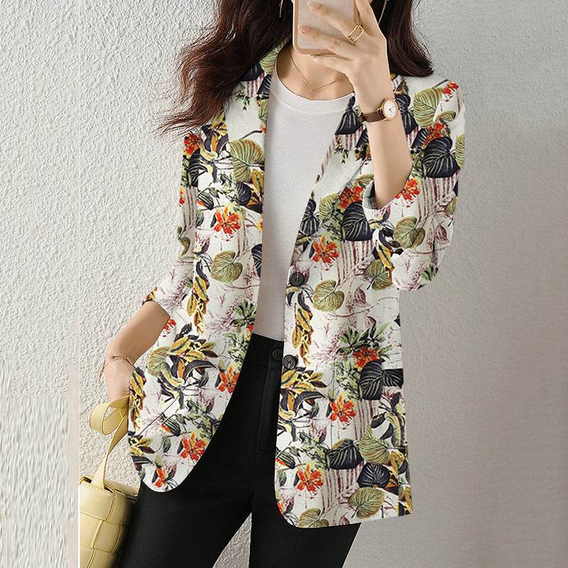 Women's Button Printed Long-sleeved Pocket Vintage Cotton And Linen Blazer - MYLUXURY LANE ENTERPRISE