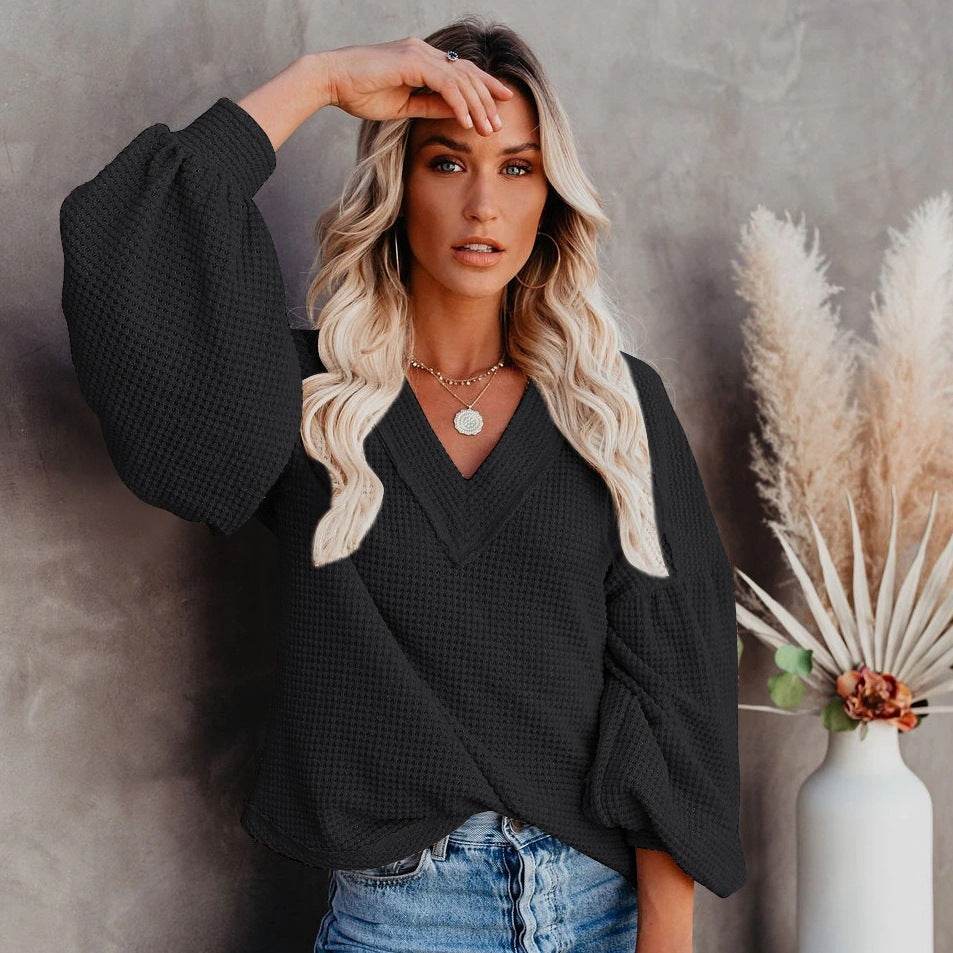 Fashion loose V-neck T-shirt Lantern Sleeve Top - MYLUXURY LANE ENTERPRISE