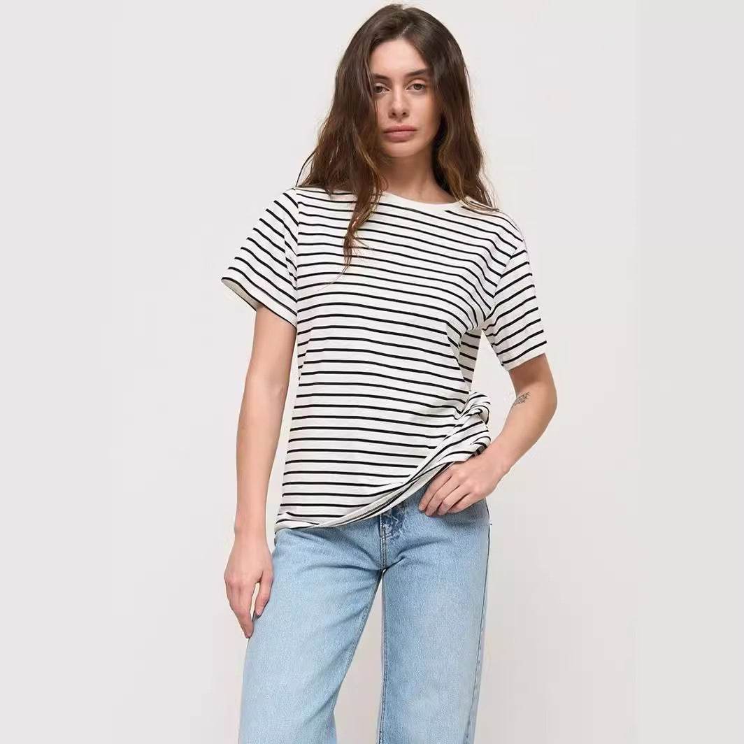 Striped T-shirt Women's Round Neck Black And White Stripes - MYLUXURY LANE ENTERPRISE