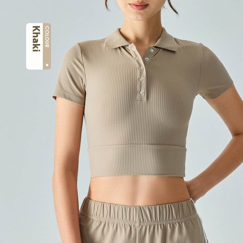 Shoulder Polo Collar Yoga Short-sleeved T-shirt - MYLUXURY LANE ENTERPRISE