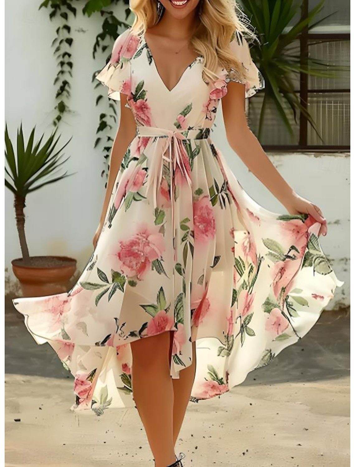 V-neck Mid-length Slim-fit Printed Dress - MYLUXURY LANE ENTERPRISE
