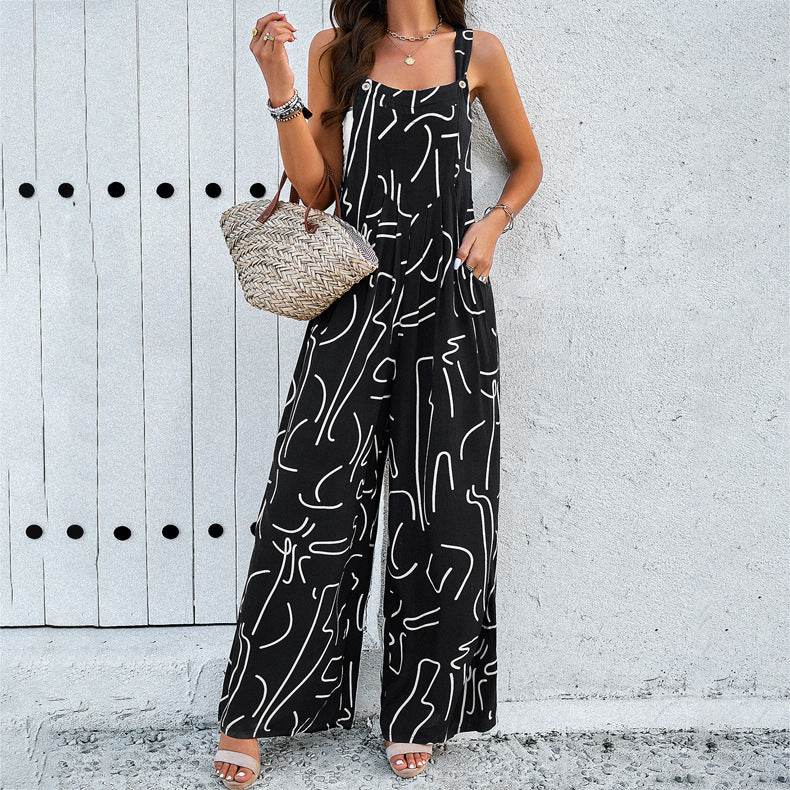 Fashion Print Square Neck Jumpsuit With Pockets Spring Summer Casual Loose Overalls Womens Clothing - MYLUXURY LANE ENTERPRISE