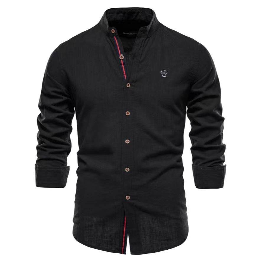 Men's Cotton And Linen Casual Fashion Solid Color Long Sleeve Henley Shirt - MYLUXURY LANE ENTERPRISE