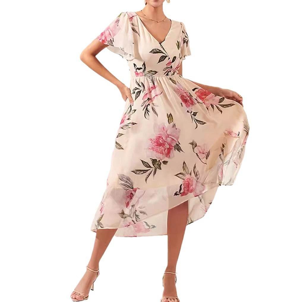 V-neck Mid-length Slim-fit Printed Dress - MYLUXURY LANE ENTERPRISE