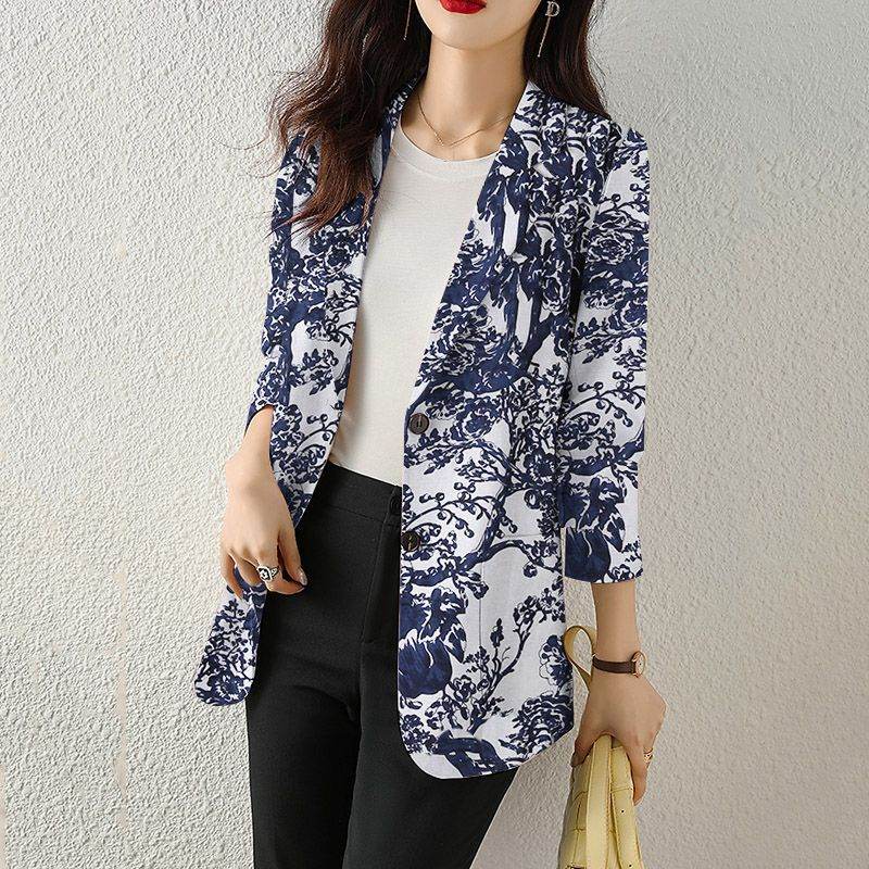 Women's Button Printed Long-sleeved Pocket Vintage Cotton And Linen Blazer - MYLUXURY LANE ENTERPRISE