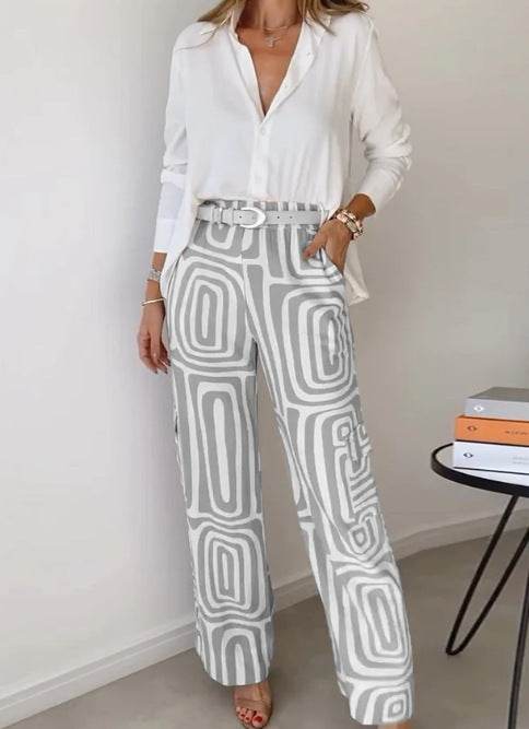 Women's Casual Long-sleeved Lapel Shirt Printed Wide-leg Pants Suit - MYLUXURY LANE ENTERPRISE