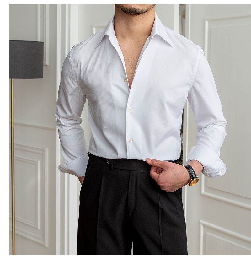 Non-ironing Slim-fit Casual Dark Plaid Long-sleeved Shirt - MYLUXURY LANE ENTERPRISE