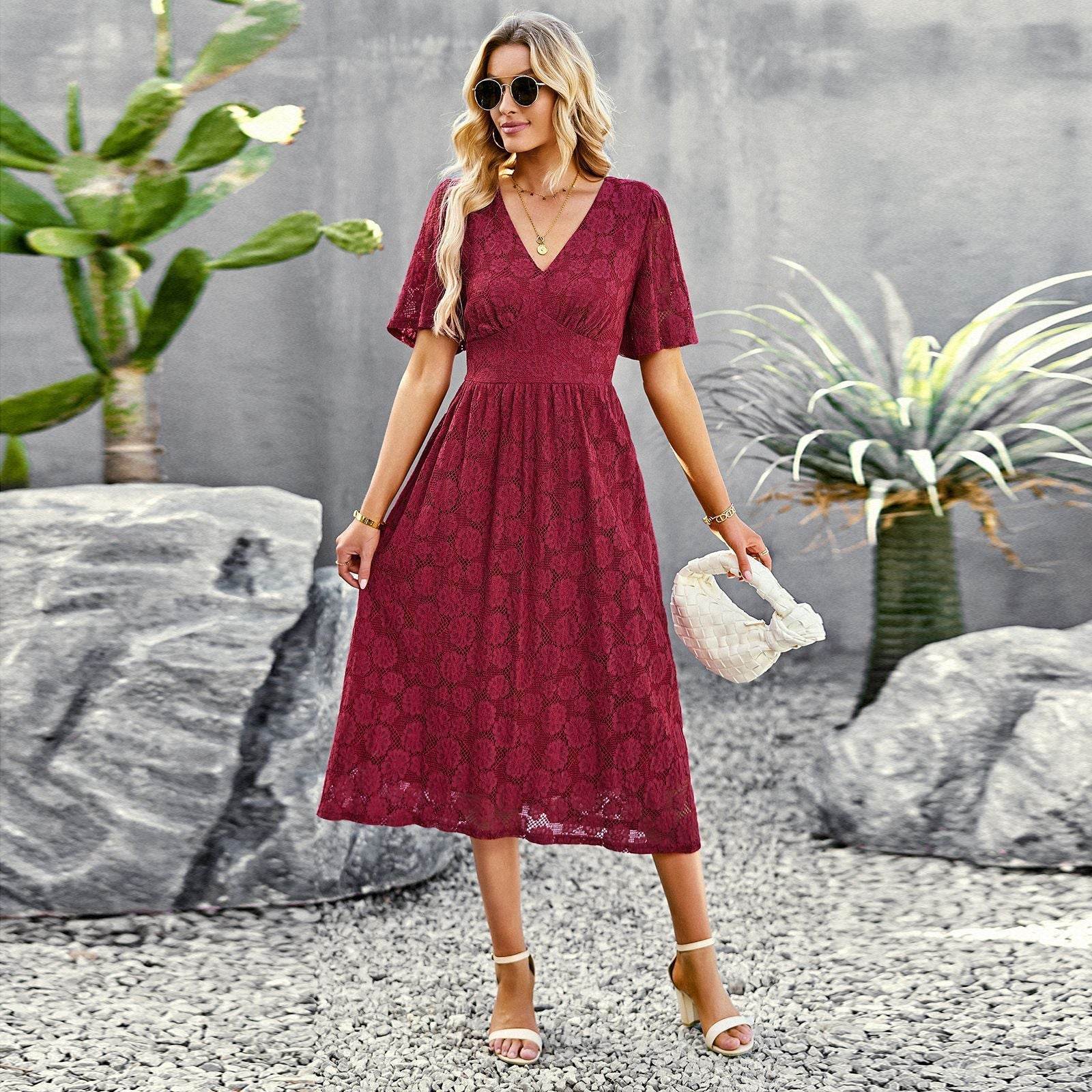 Fashion V-neck Lace Dress Summer Elegant Short Sleeve Long Dresses For Women - MYLUXURY LANE ENTERPRISE
