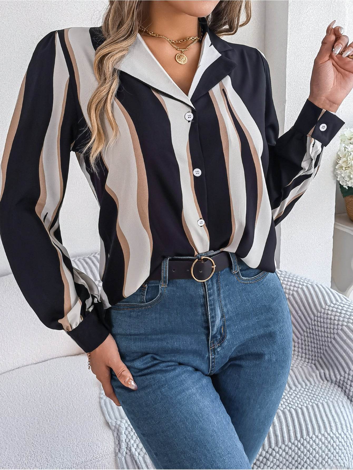 Casual Versatile Contrasting Striped Long Sleeved Shirt - MYLUXURY LANE ENTERPRISE