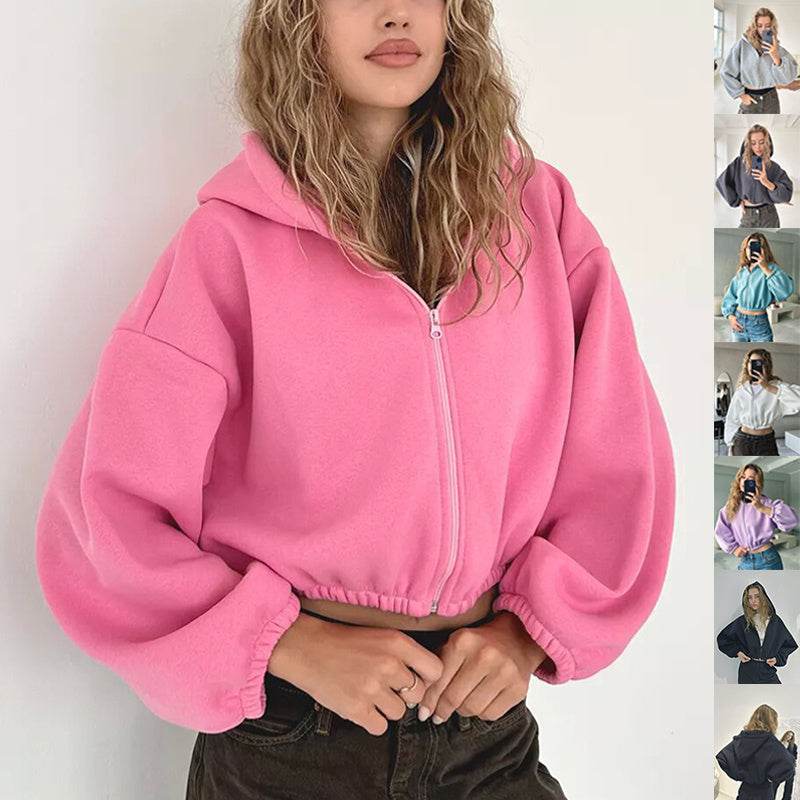 Casual Solid Color Hooded Short Jacket Y2K Fashion Sports Sweatshirt Long Sleeve Zip Up Cardigan Hoodies Women's Clothing - MYLUXURY LANE ENTERPRISE