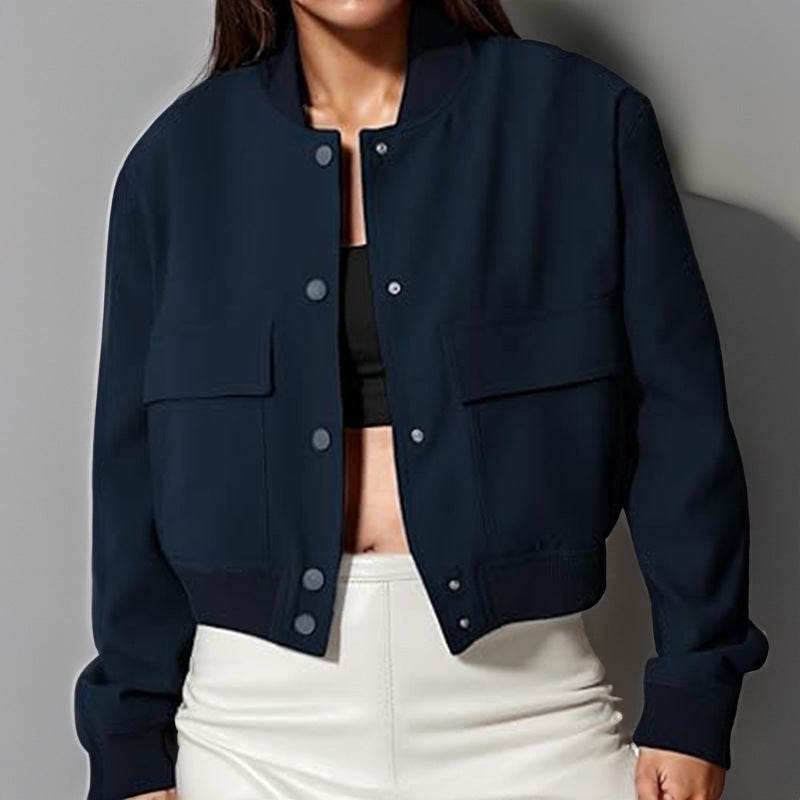 Fashion Button Stand-collar Jacket With Big Pockets Casual Loose Short Outwear Tops Coat For Women Clothing - MYLUXURY LANE ENTERPRISE