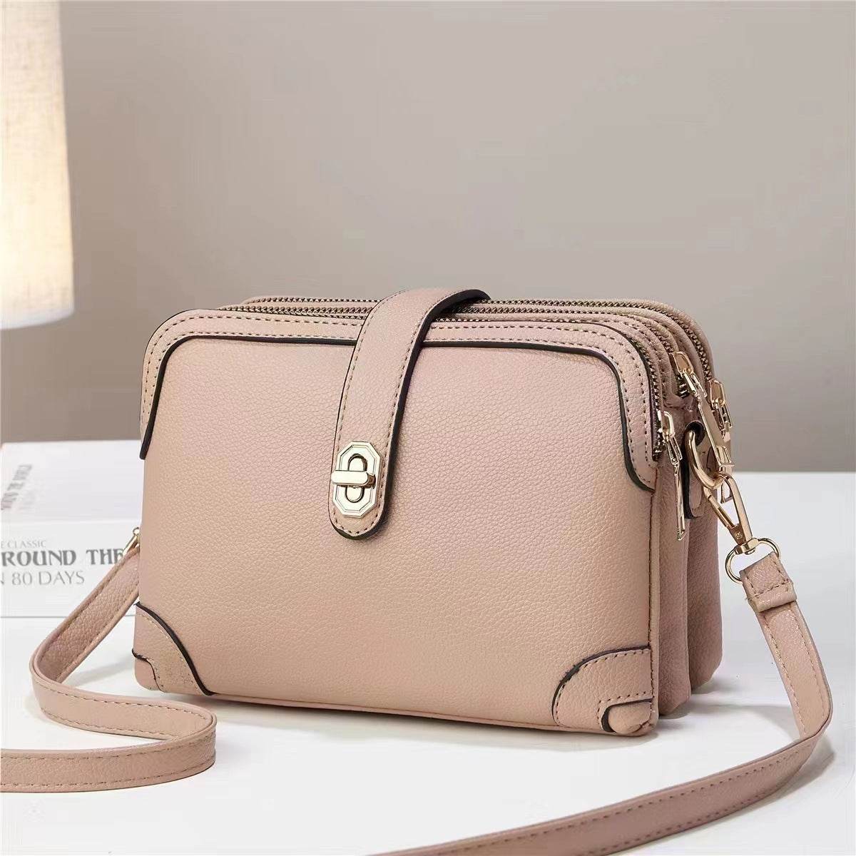 Multi-layer Lychee Pattern Simple Texture Soft Leather Western Style Multi-functional Shoulder Crossbody Small Square Bag - MYLUXURY LANE ENTERPRISE