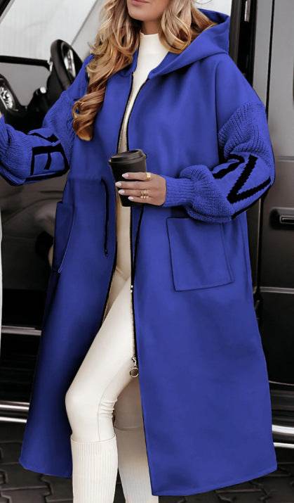 Hooded Windbreaker Long Jacket With Pockets And Drawstring Design Solid Color Knit-Sleeved Trench Coat For Women Clothing Fall Winter - MYLUXURY LANE ENTERPRISE