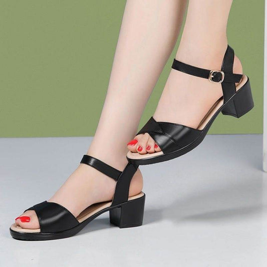 Mid Heel 3-5cm Chunky Heel Open Toe Rubber Sandals Ankle-strap Buckle PU - MYLUXURY LANE ENTERPRISE
