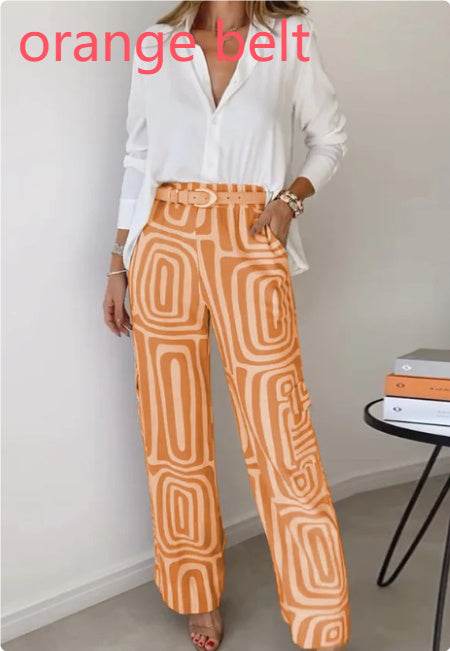 Women's Casual Long-sleeved Lapel Shirt Printed Wide-leg Pants Suit - MYLUXURY LANE ENTERPRISE