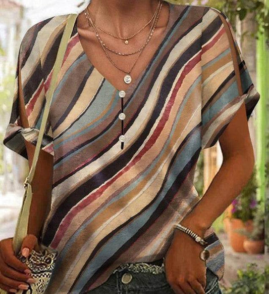 Flower Series 3D Printed V-neck Button T-shirt Top - MYLUXURY LANE ENTERPRISE