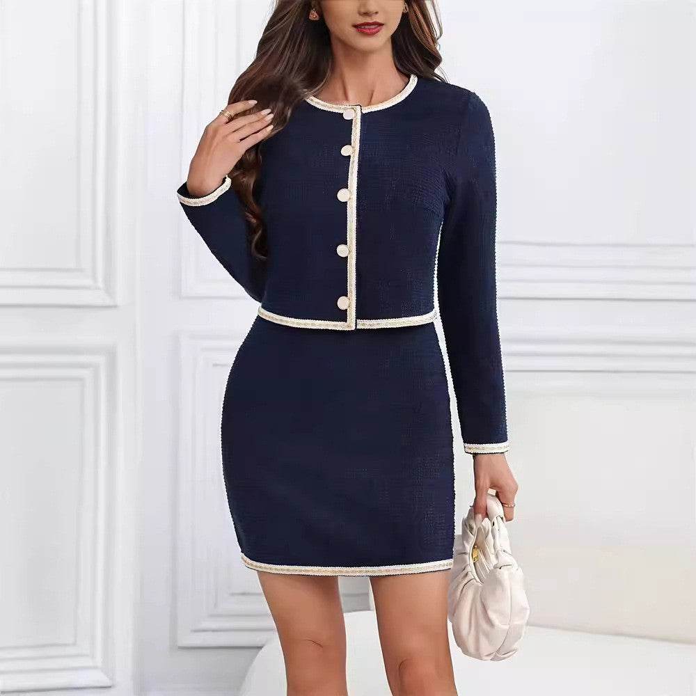Autumn And Winter Elegant Fashion Commuter Round Neck Button Chanel Style Short Coat Mid-length Dress Set - MYLUXURY LANE ENTERPRISE
