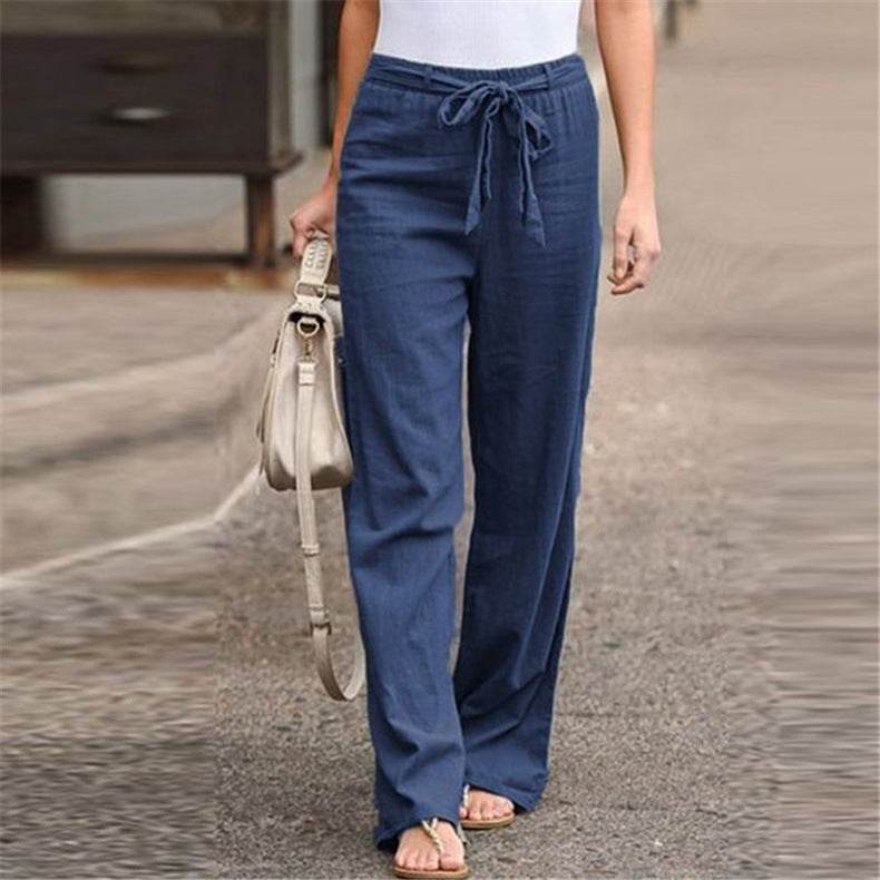 European And American Cotton And Linen Casual Wide-leg Pure Color Elastic Waist Lace-up Loose Women's Trousers - MYLUXURY LANE ENTERPRISE