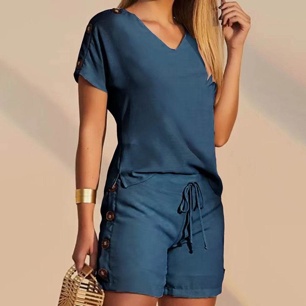 Comfortable Decorative Buttons Short-sleeved Shorts Suit - MYLUXURY LANE ENTERPRISE