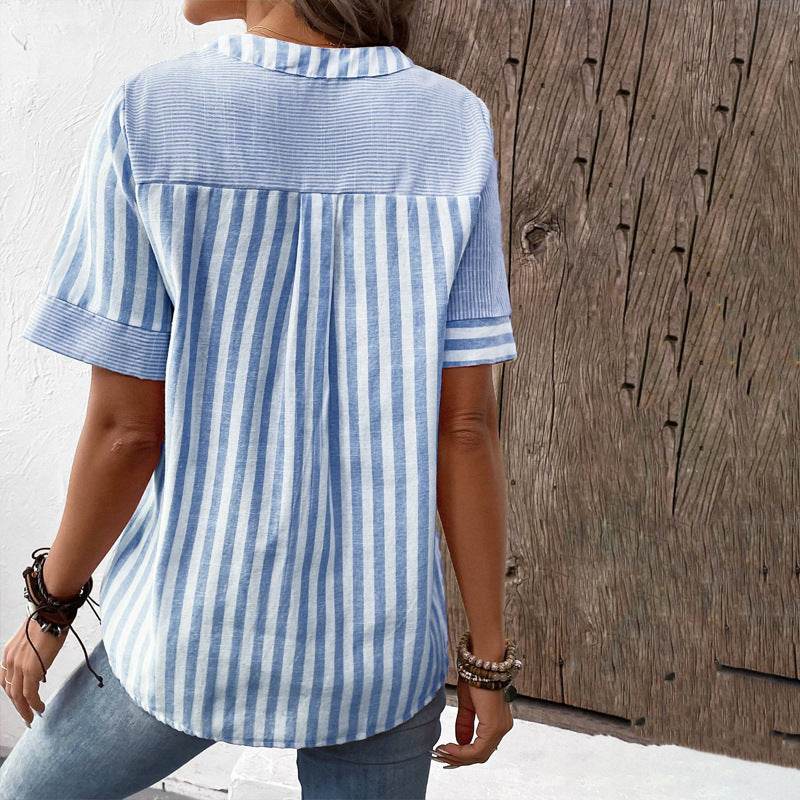 Summer V-neck Short-sleeved Shirt Blouse Fashion V-neck Asymmetric Stripes Patchwork Design Top Womens Clothing - MYLUXURY LANE ENTERPRISE