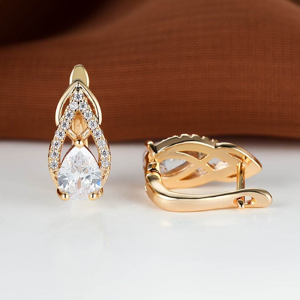 Teardrop Shape Shiny zirconia Decor Golden Hoop Earrings - MYLUXURY LANE ENTERPRISE