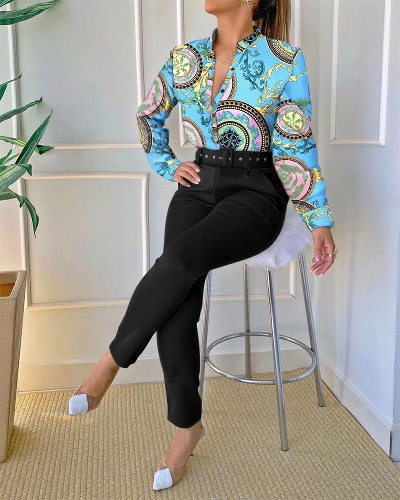 Women's Digital Printing Long-sleeved Shirt With Belt Trousers Suit - MYLUXURY LANE ENTERPRISE