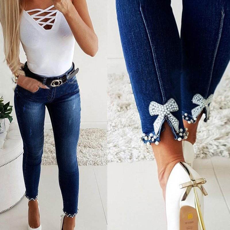 Slim Jeans Women Butterfly Sticky Flower Beaded Split Trousers - MYLUXURY LANE ENTERPRISE