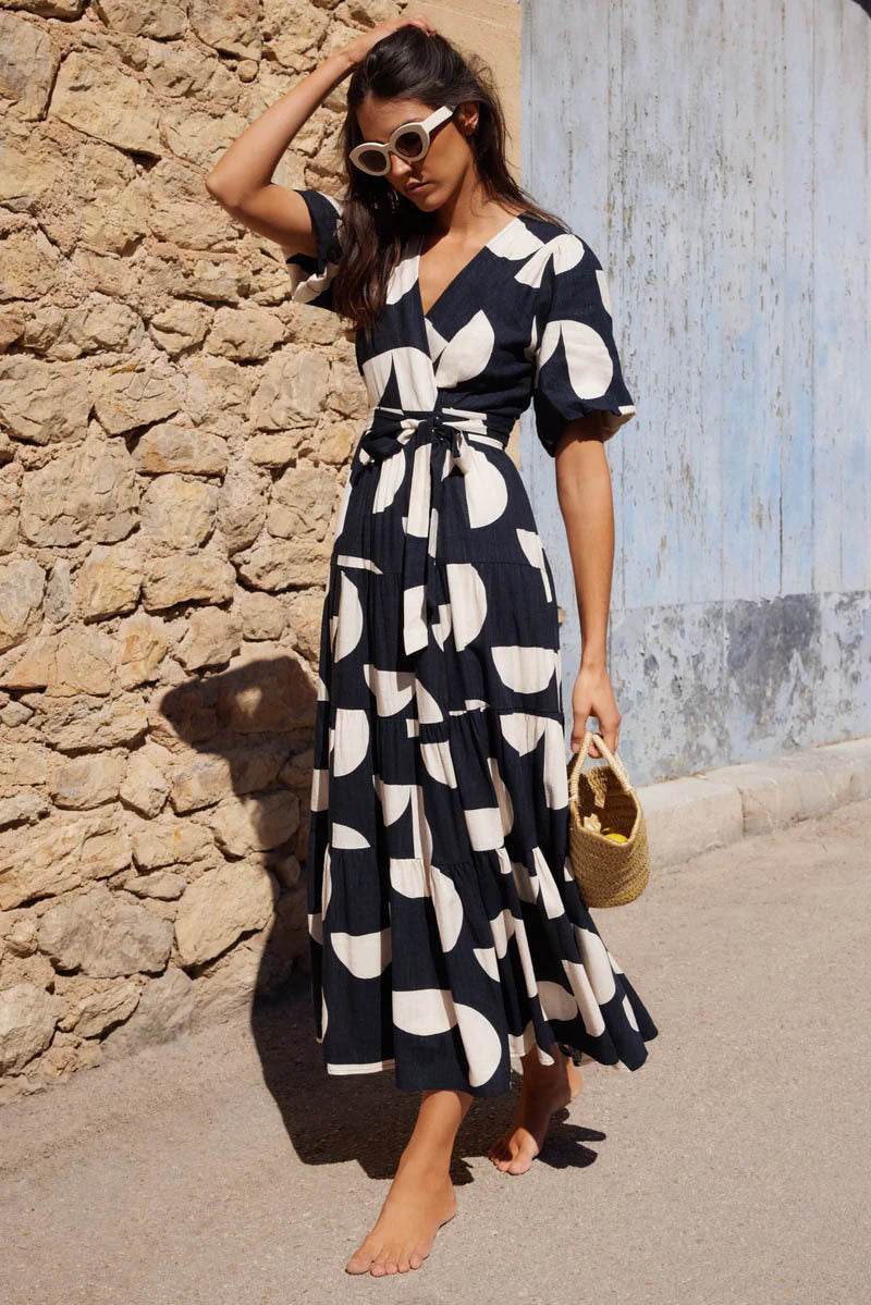 Summer New Casual V-neck Printing Mid-length Dress - MYLUXURY LANE ENTERPRISE