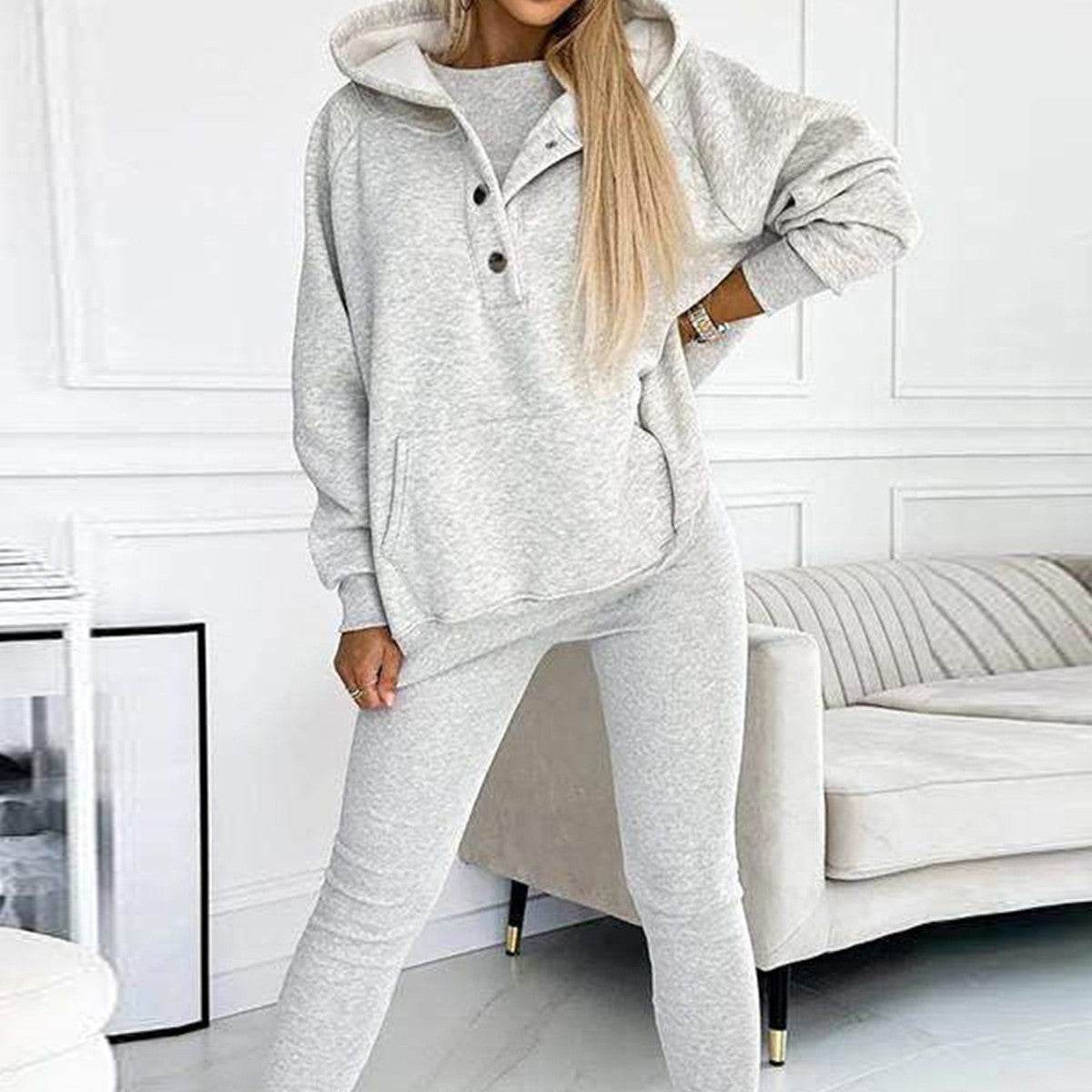 3pcs Women's Sports Suit Loose Hooded Pockets Sweatshirt And Vest And Slim Trousers - MYLUXURY LANE ENTERPRISE