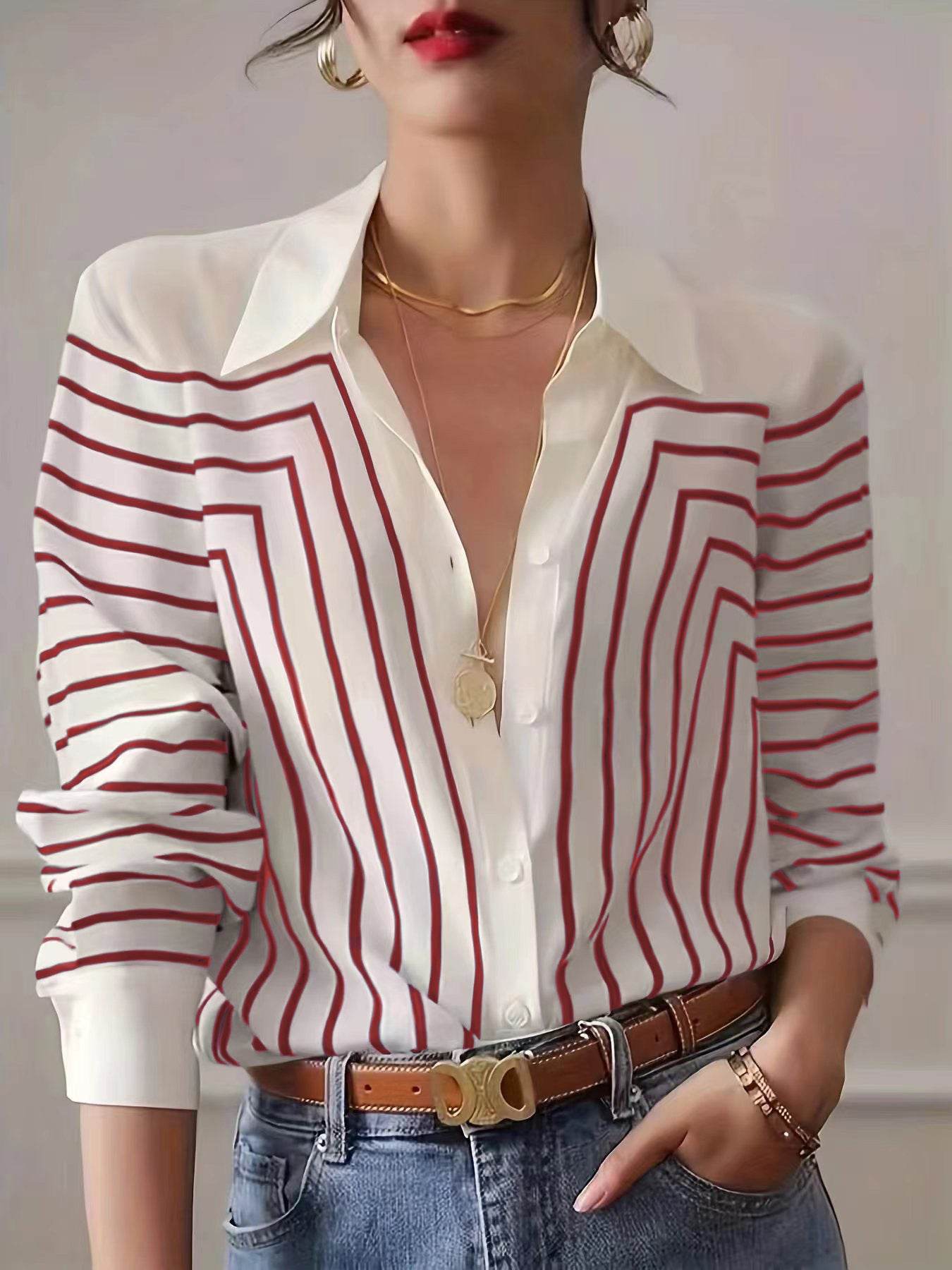 Autumn Striped Shirt Women's Long Sleeve Loose Silk Top - MYLUXURY LANE ENTERPRISE