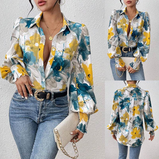 European And American Lapel Print Smocking Long Sleeve Button Loose Casual Women's Shirt - MYLUXURY LANE ENTERPRISE