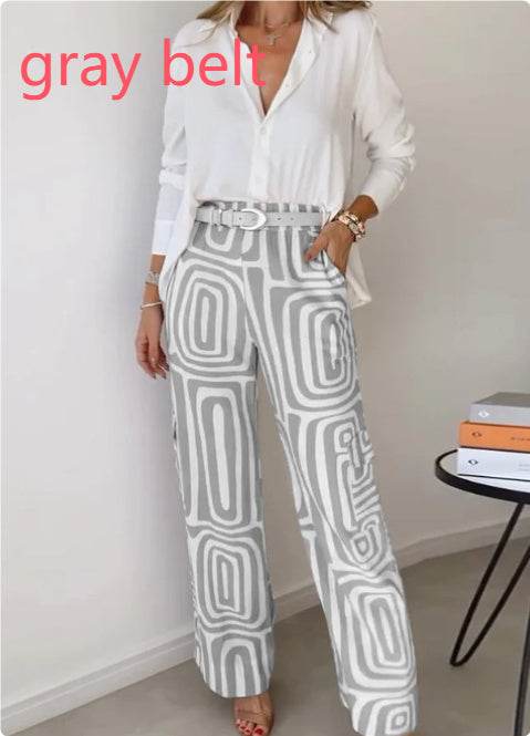 Women's Casual Long-sleeved Lapel Shirt Printed Wide-leg Pants Suit - MYLUXURY LANE ENTERPRISE