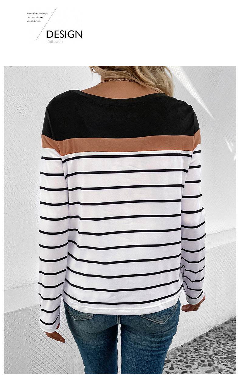 Leisure Top Pullover Patchwork Round Neck Long-sleeved Striped T-shirt - MYLUXURY LANE ENTERPRISE