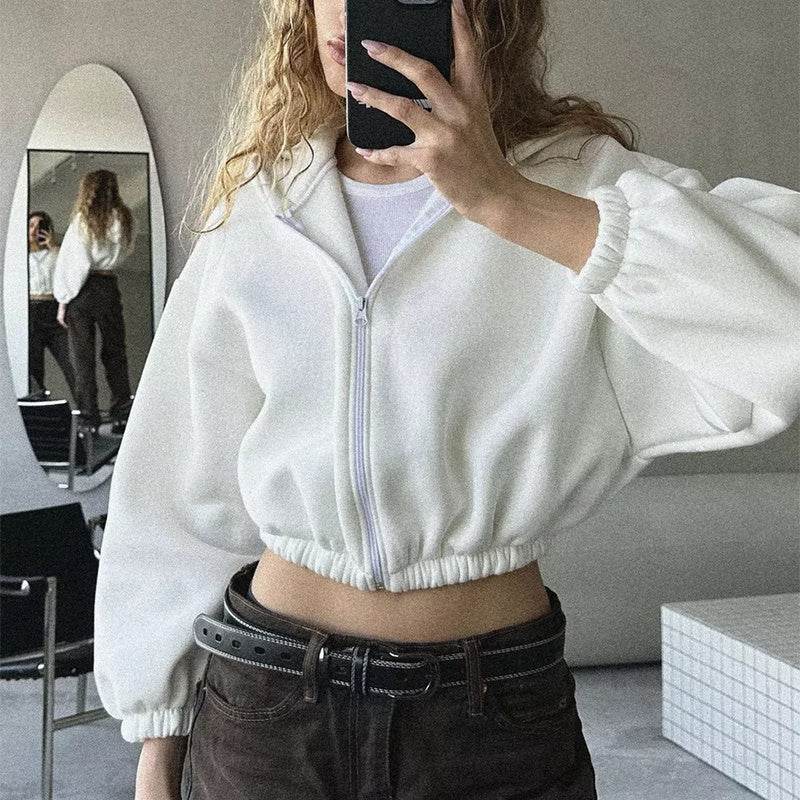 Casual Solid Color Hooded Short Jacket Y2K Fashion Sports Sweatshirt Long Sleeve Zip Up Cardigan Hoodies Women's Clothing - MYLUXURY LANE ENTERPRISE
