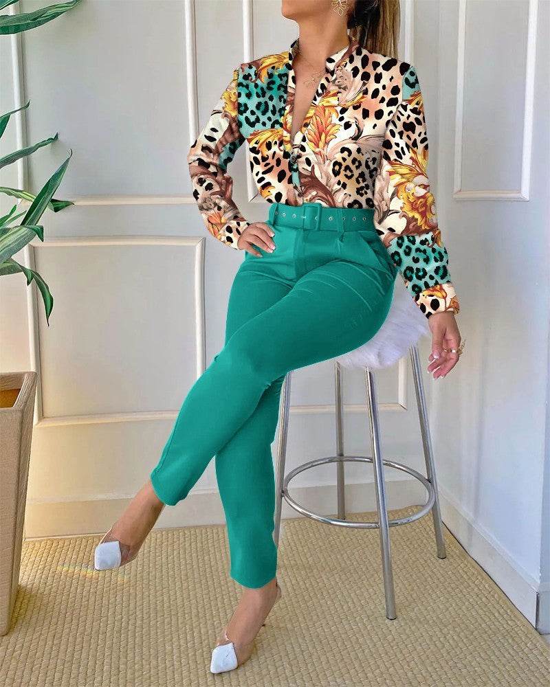 Women's Digital Printing Long-sleeved Shirt With Belt Trousers Suit - MYLUXURY LANE ENTERPRISE
