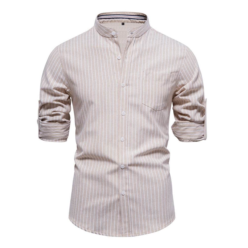 Spring And Summer Slim Stand Collar Shirt Men's Cotton And Linen Stripes Long Sleeve Shirt - MYLUXURY LANE ENTERPRISE