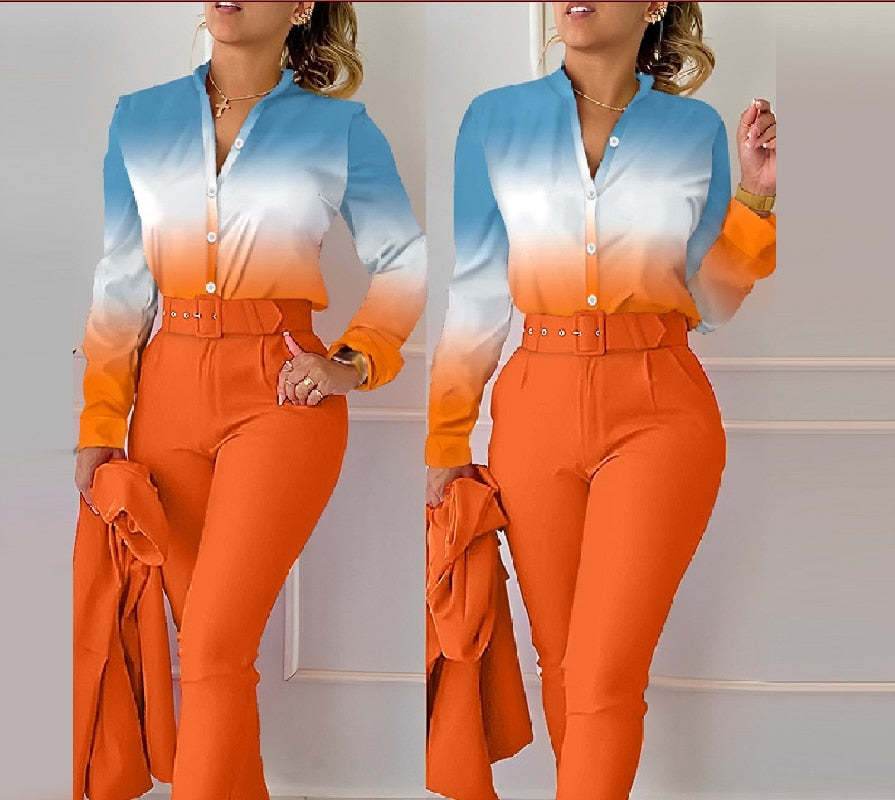 Women's Fashionable Printed Long-sleeved Shirt And Trousers Suit - MYLUXURY LANE ENTERPRISE